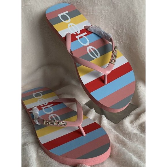 COPY 🌹Women’s Sandals Size 8 MINDEE BEBE LOGO Striped Pink Multi FLIP FLOPS - Picture 5 of 10